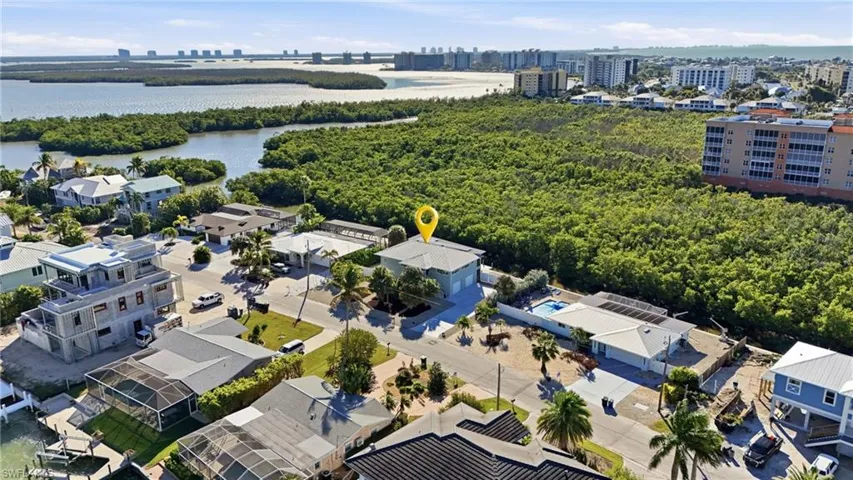 Aerial view of property's location featuring city skyline and a nearby body of water - Virtually Edited Image