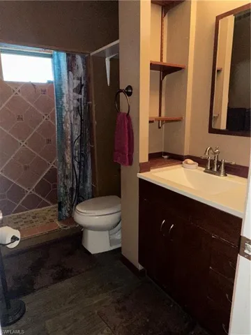Bathroom featuring vanity, a shower stall, and dark wood-type flooring