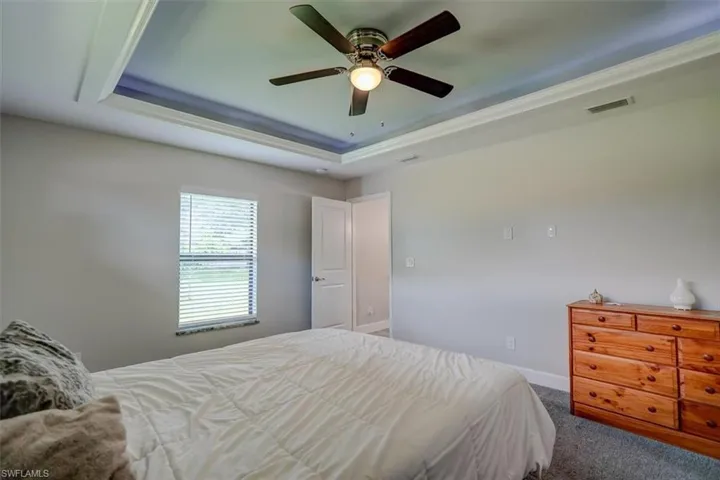 Carpeted bedroom with a tray ceiling and ceiling fan