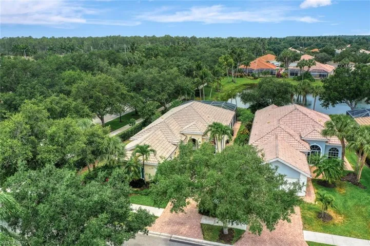 Birds eye view of property with a water view