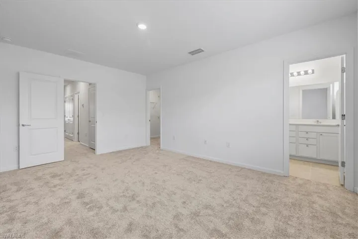 Unfurnished bedroom featuring light carpet, baseboards, ensuite bath, a spacious closet, and a sink