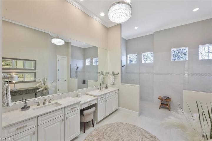 Master bath, double sinks, Makeup desk and huge double walk in shower!