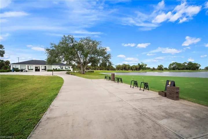 Surrounding community with a lawn and a water view