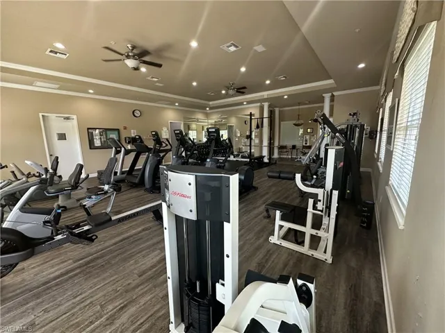 Gym with dark hardwood / wood-style flooring, ceiling fan, a raised ceiling, and crown molding