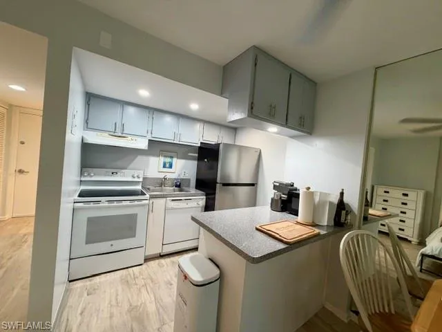 Kitchen featuring light wood-finish flooring and a peninsula with a speckled countertop