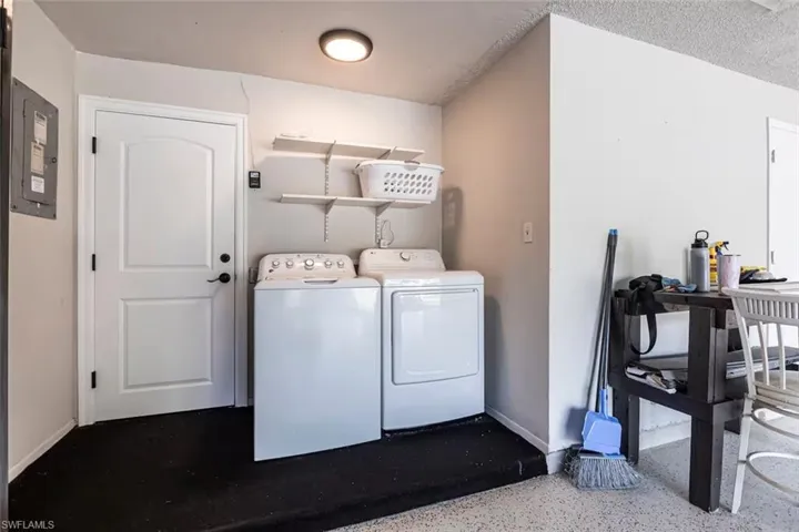 Laundry area featuring electric panel and separate washer and dryer