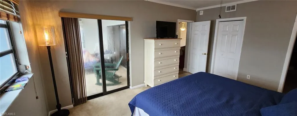 Carpeted bedroom featuring access to outside, crown molding, and a closet