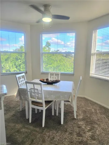 Furnished  dining area featuring healthy amount of natural light and ceiling fan
