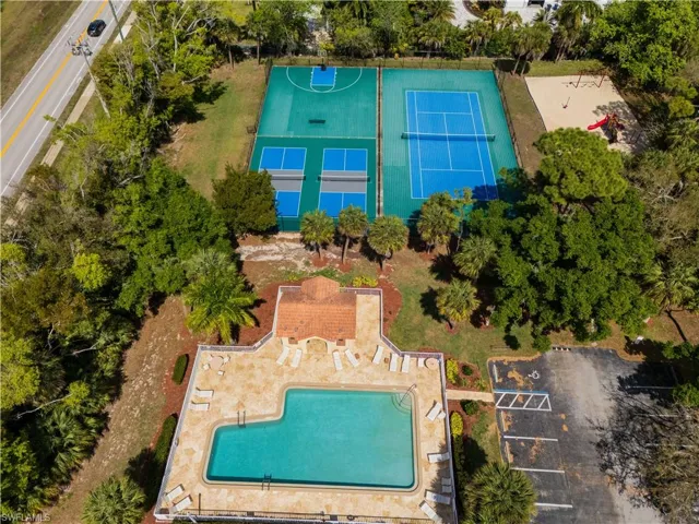 Drone / aerial view of a pool