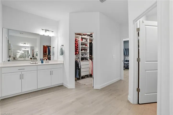 Bathroom featuring vanity, light wood-type flooring, and a spacious closet