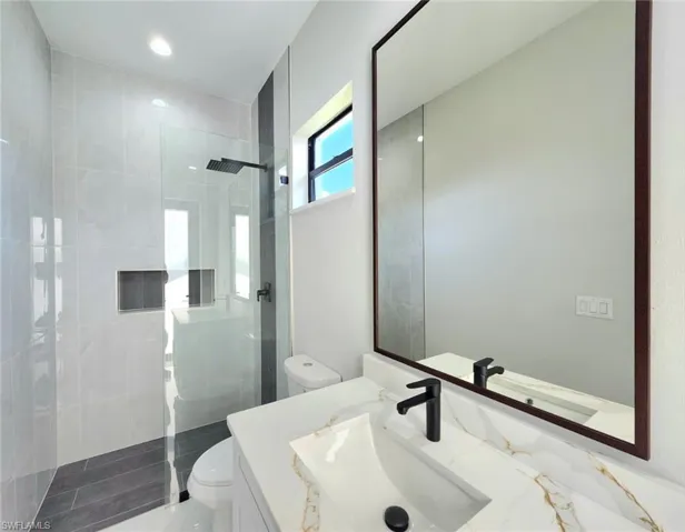 Full bathroom featuring toilet, a walk in shower, and vanity