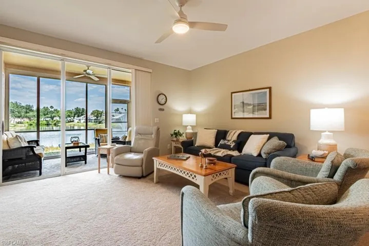 Living room with Lake water and ceiling fan