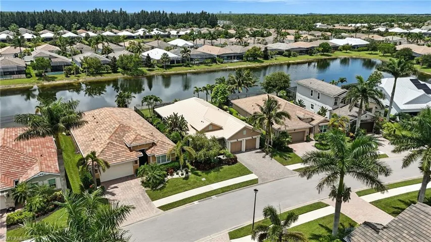 Aerial perspective of suburban area featuring a nearby body of water