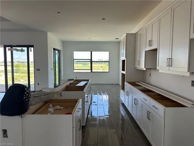 Kitchen with white cabinets and dark hardwood / wood-style flooring