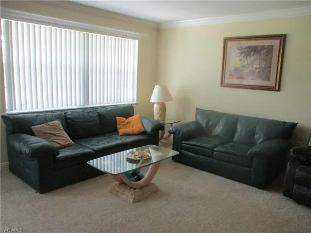 Living Room with crown molding and newer carpet