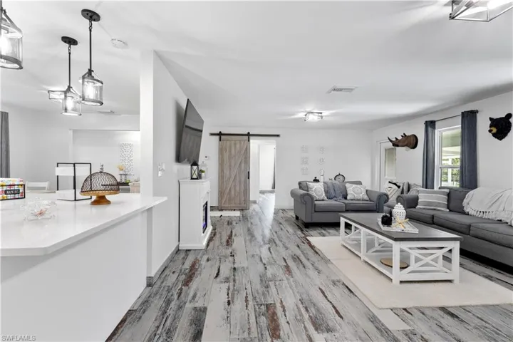 Living room with light hardwood / wood-style flooring and a barn door