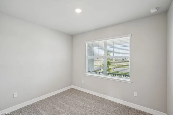 Spare room featuring baseboards, a smoke detector, carpet floors, and recessed lighting
