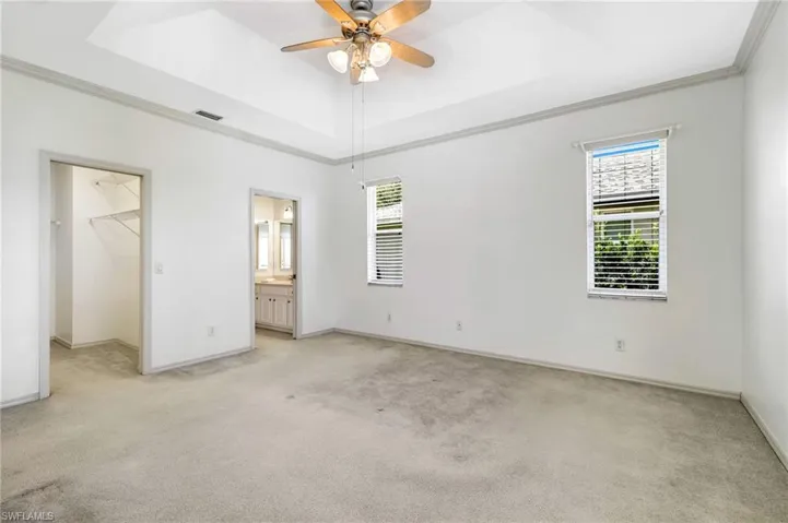 Unfurnished Primary bedroom featuring ornamental molding, light carpet, a spacious closet, a raised ceiling, and connected bathroom