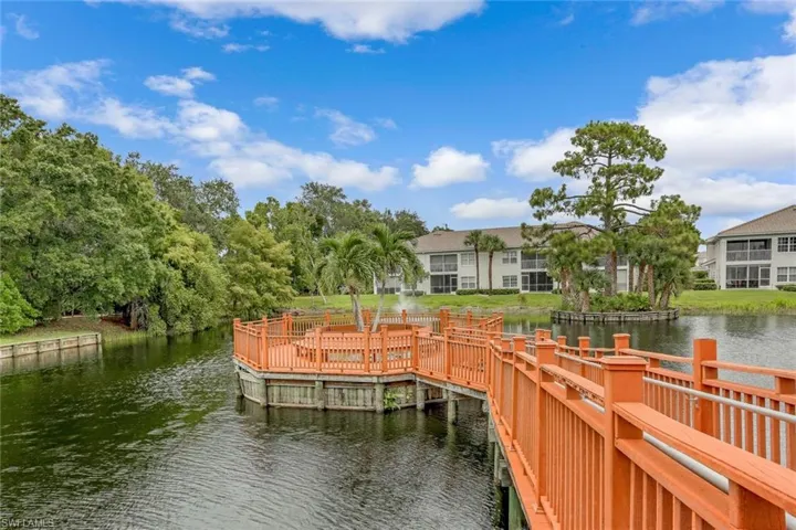 Sun deck overlooking pond and fountain