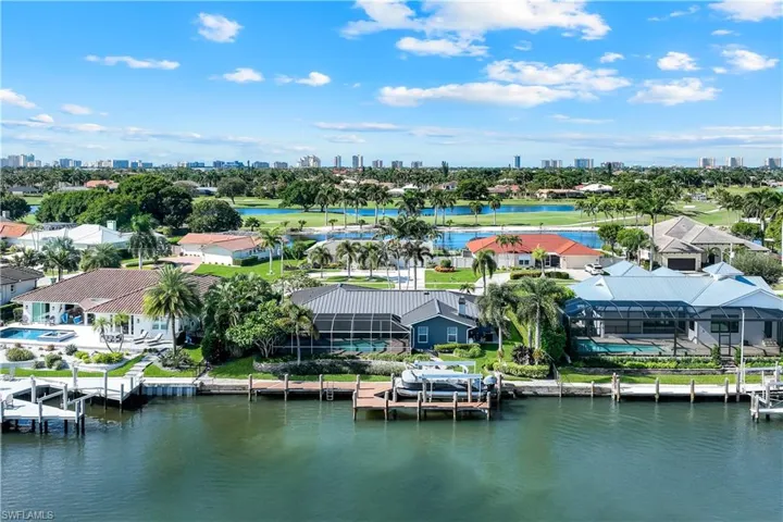 Bird's eye view of skyline and a nearby body of water