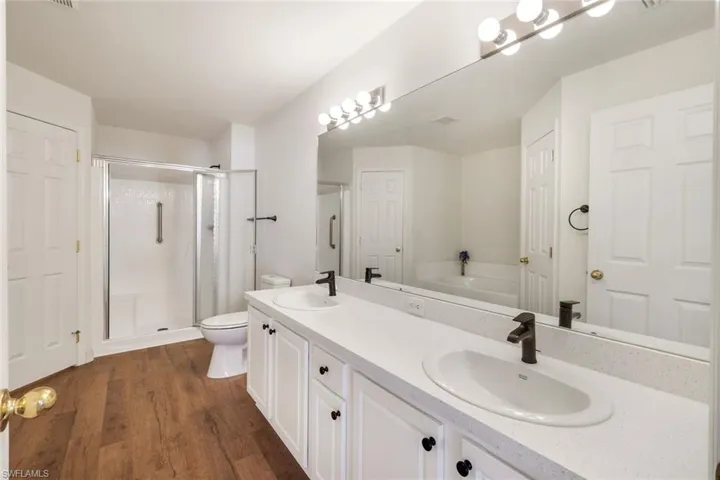 Bathroom featuring double vanity, a stall shower, dark wood finished floors, and a closet