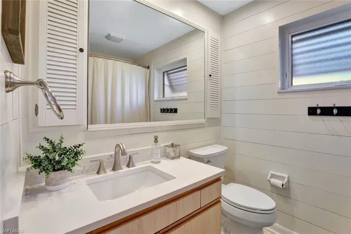 Bathroom with vanity, toilet, and ship lap walls