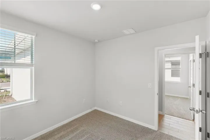 Unfurnished room featuring visible vents, a wealth of natural light, carpet flooring, and baseboards