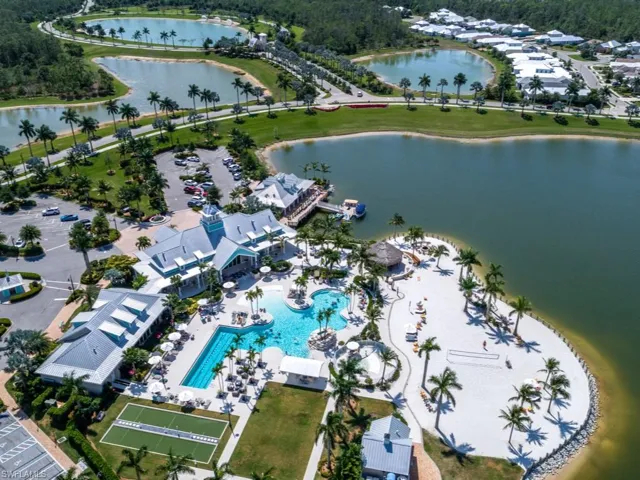 Aerial view of the pool, clubhouse and beach area