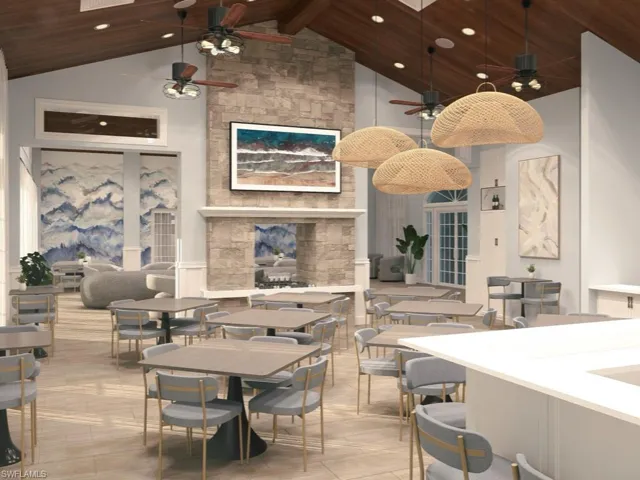 Clubhouse main room featuring a ceiling fan, a high wooden ceiling, and recessed lighting