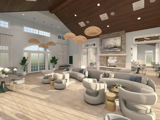 Clubhouse featuring comfortable seating with recessed lighting and a high wood beamed ceiling