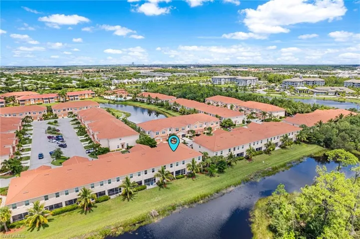 Birds eye view of property with a water view