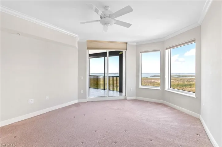 Spare room featuring ornamental molding, a ceiling fan, light carpet, and a water view