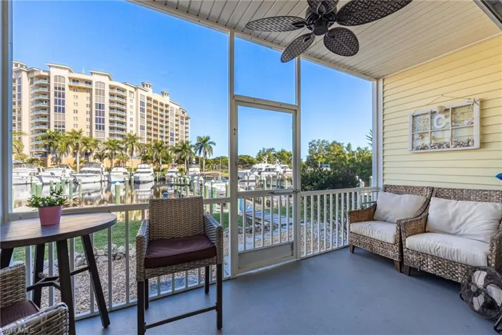 Screened outdoor living space with water frontage and marine access