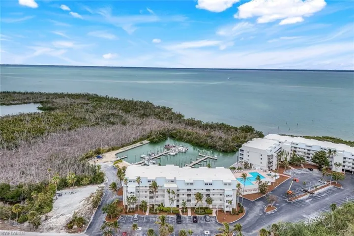 Birds eye view of property with a water view