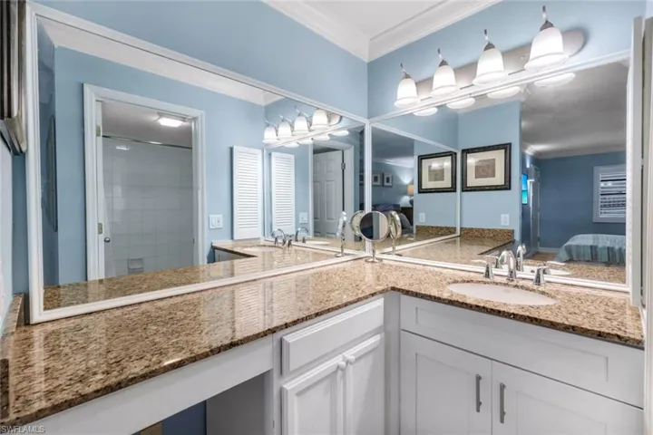 Bathroom featuring crown molding, vanity, and walk in shower