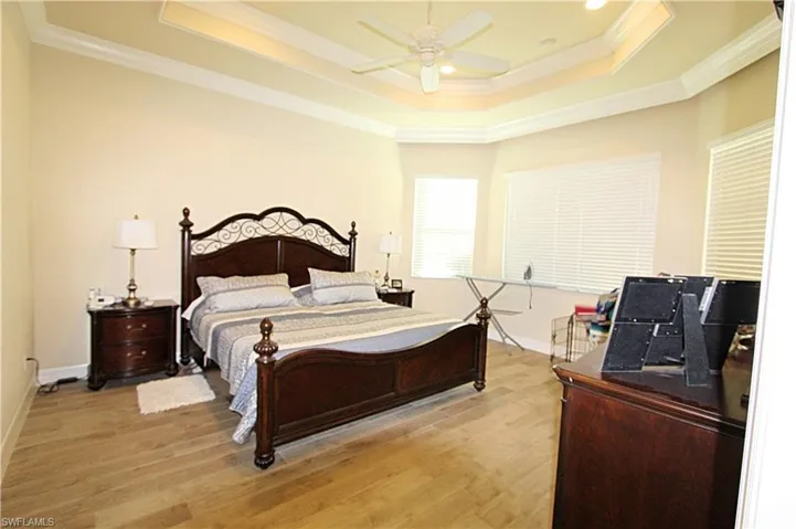 Bedroom featuring crown molding, light hardwood / wood-style floors, ceiling fan, and a raised ceiling