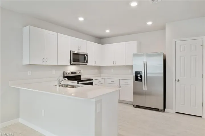 Kitchen with sink, white cabinetry, and stainless steel appliances
