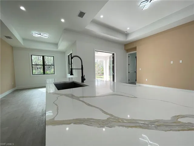 Kitchen with a raised ceiling, plenty of natural light, sink, and light stone counters