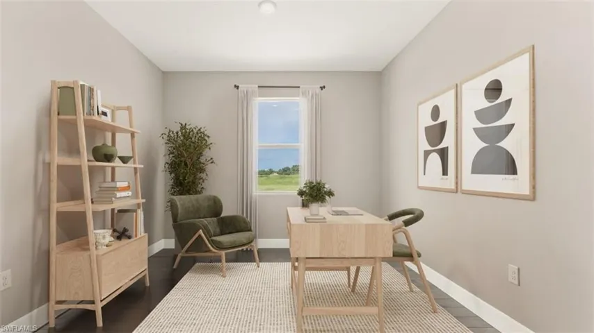 Dark-finish flooring with light-toned wall paint and a single window featuring white curtains