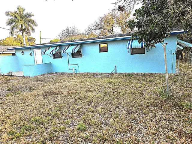 Rear view  showing windows with awnings