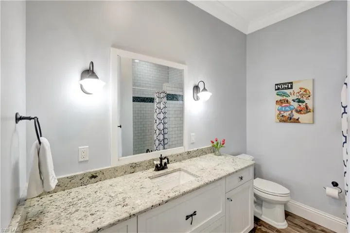 Full bathroom featuring curtained shower, vanity, ornamental molding, and dark wood-style floors