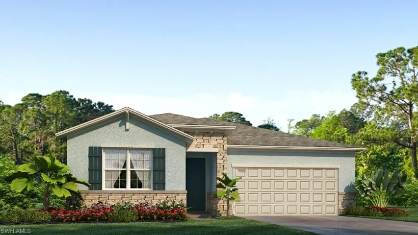 View of front of house with stone siding, an attached garage, and driveway