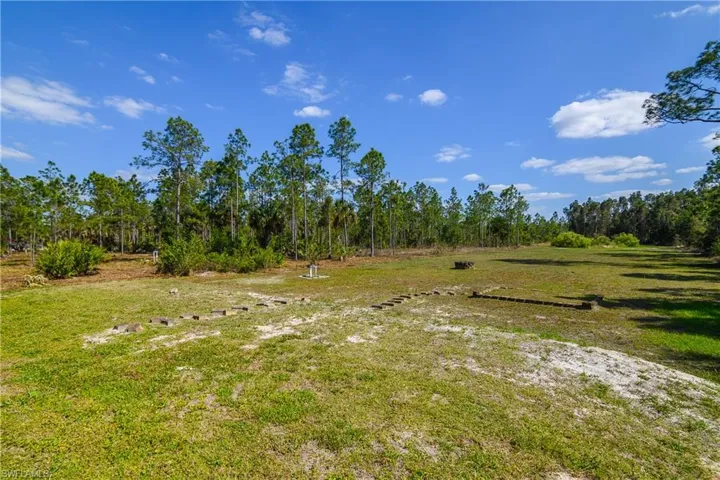 The property features an expansive lot with a mix of grassy areas and natural woodlands, offering a serene and private setting