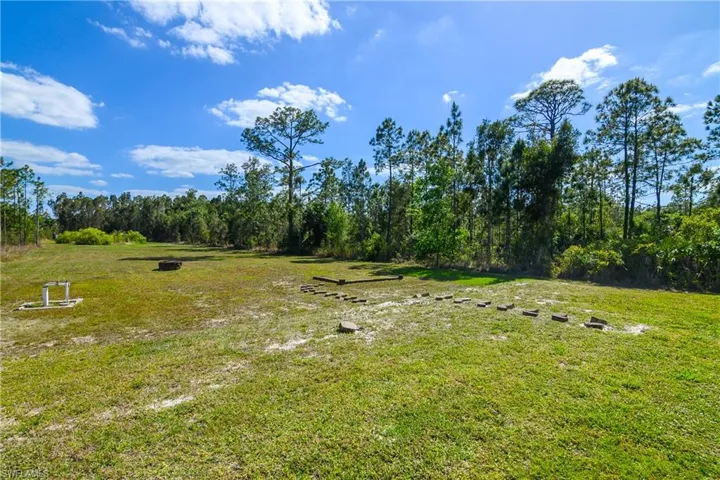 Expansive lot with a well-maintained grassy area and a perimeter of mature trees