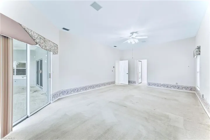 Carpeted spare room featuring a wealth of natural light and ceiling fan