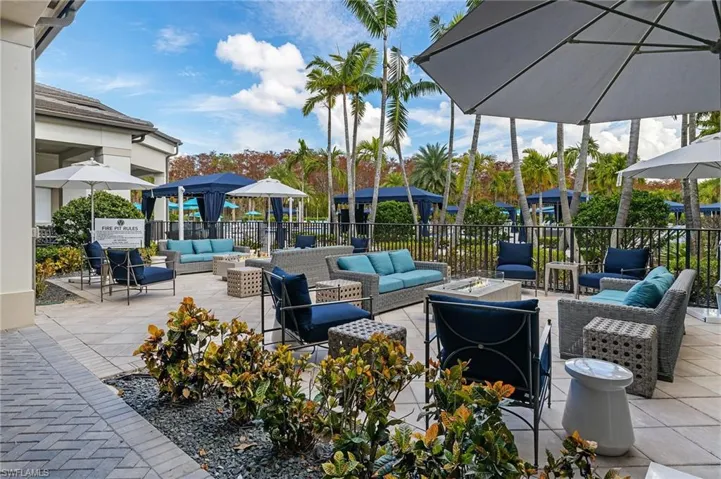 Fire pit area situated between the outdoor restaurant and beyond the multiple pools at VB!