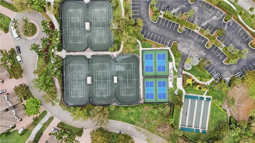 Aerial view of tennis, bocce, and pickleball courts.