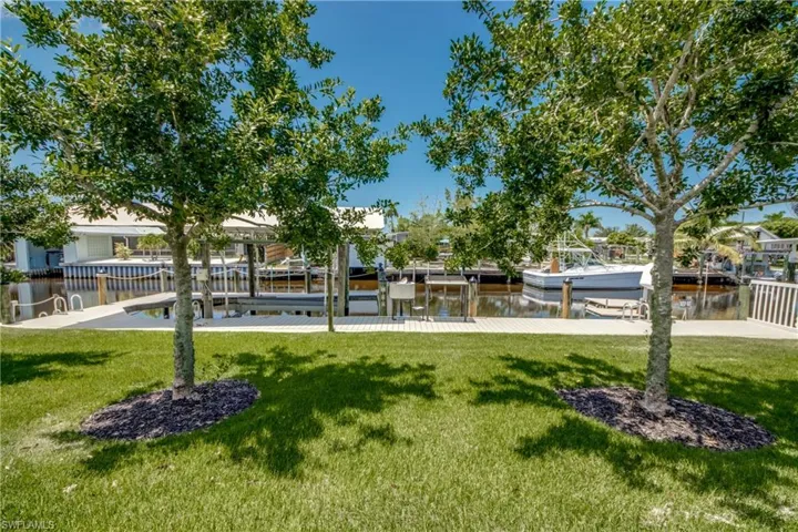 View of home's community featuring a dock, a water view, and a yard
