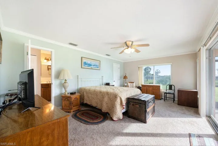 Bedroom featuring access to exterior, crown molding, light carpet, and a ceiling fan
