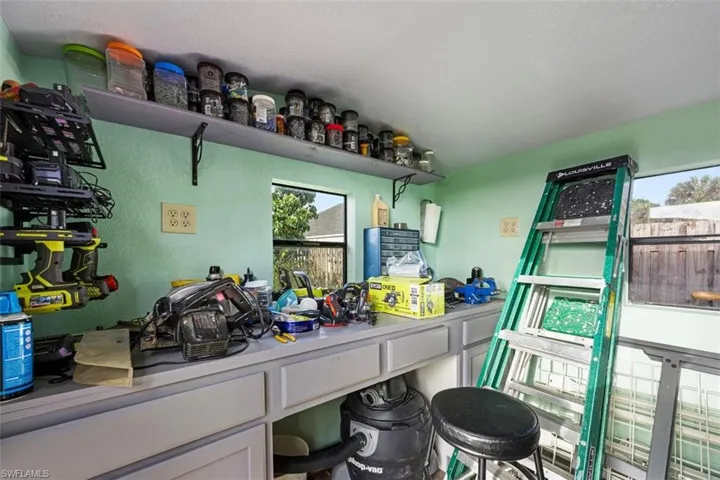 Shed, white cabinets and light countertops